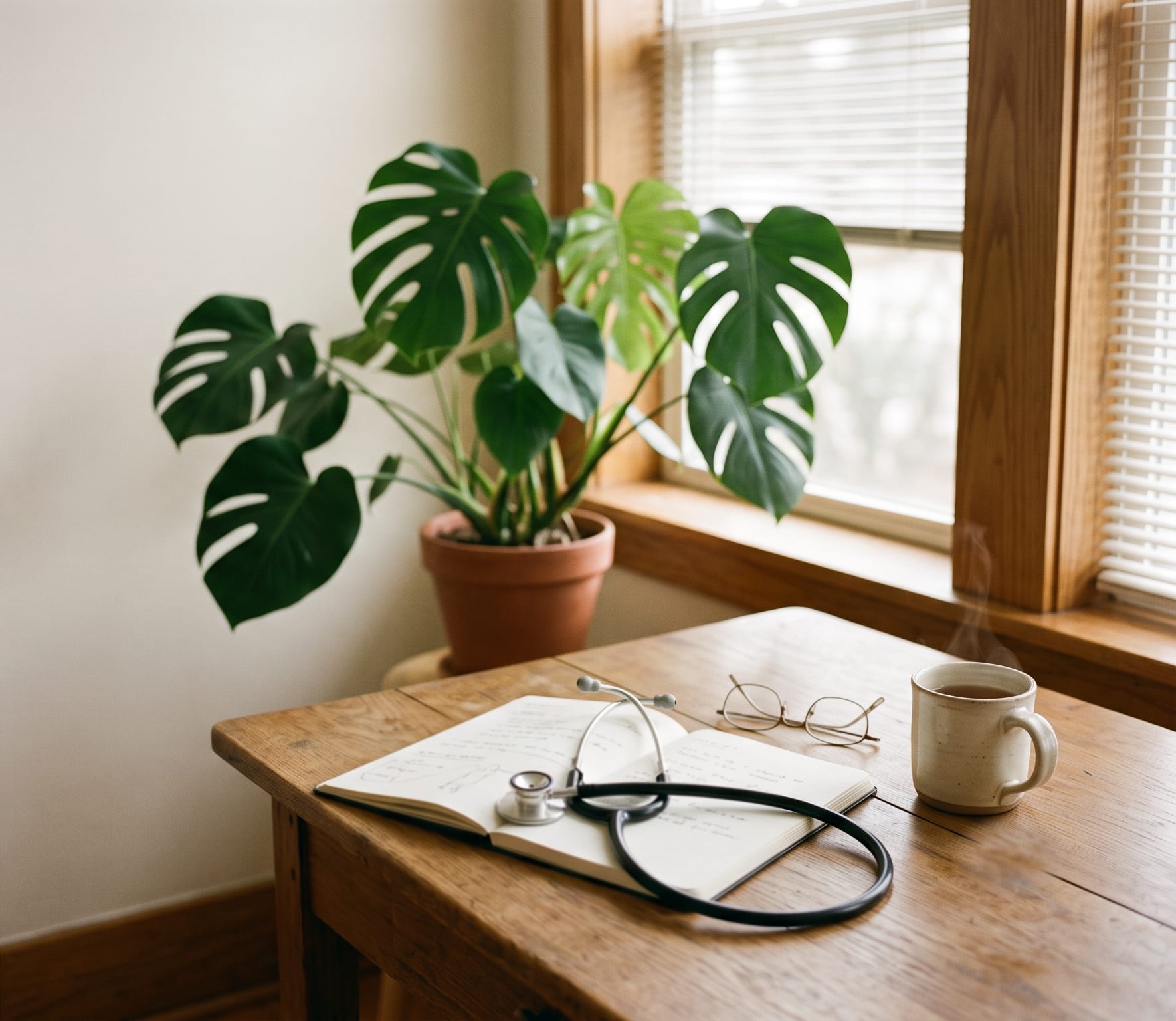 Morning light across a physician's oak desk — stethoscope on an open notebook, reading glasses, coffee, and a monstera by the window